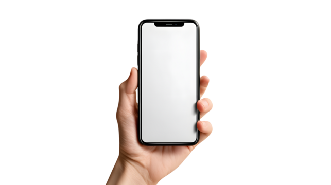 Hand holding smartphone with blank screen on transparent background