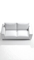 A two-seater couch, light gray, with simple lines and minimal design, is showcased from a bird's-eye view against a plain white background.