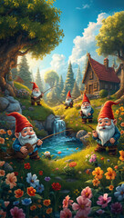 Whimsical Cartoon Gnomes Fishing by a Pool in a Colorful Cottage Countryside Garden with Flowers