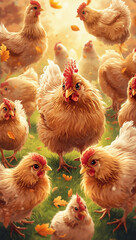 Vibrant Fluffy Chickens and Rooster in Rural Countryside: Organic Farm Poultry Family with Bright Autumn Leaves and Green Grass