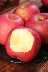 Fresh Luochuan Apple Heart Shape Cut Red Fruit Healthy Snack Organic Food Water Droplets Wooden Board