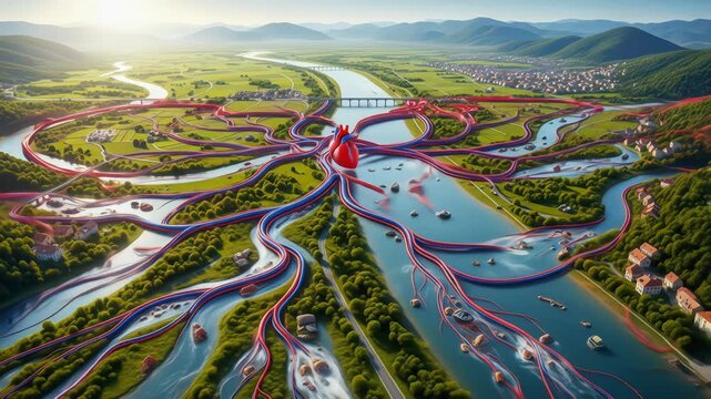 The cardiovascular system as a river network, with the heart pumping life through a vast and vibrant landscape