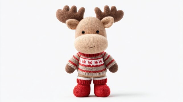 Adorable plush reindeer toy wearing colorful holiday sweater and matching knitted socks, perfect for Christmas celebrations and festive decor - Powered by Adobe