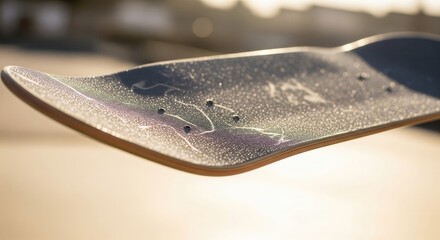 Close-Up of Skateboard Deck with Water Droplets and Sunlight Glow