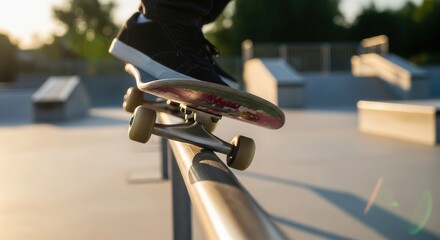 Skateboarder Performing Tricks on Rail at Sunset in Skate Park