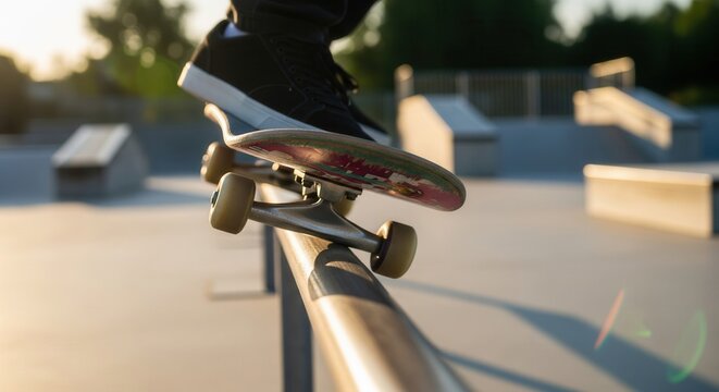 Skateboarder Performing Tricks on Rail at Sunset in Skate Park - Powered by Adobe