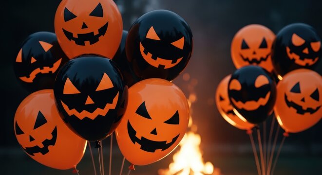 Spooky jack-o'-lantern balloons aglow against a backdrop of flickering flames celebrating Halloween