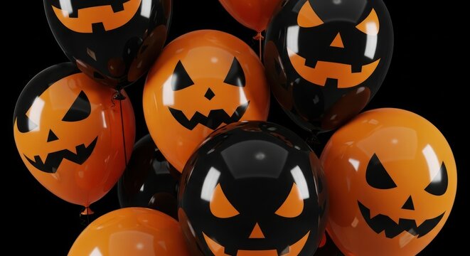 Festive halloween balloons in orange and black with creepy jack-o'-lantern faces display - Powered by Adobe
