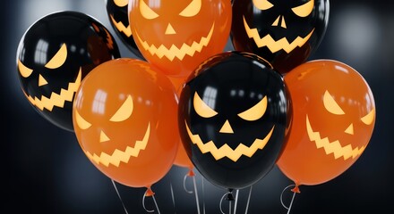 Halloween spooky grinning balloon decorations, dark backdrop party celebration eerie atmosphere