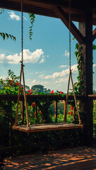 Relaxing on a Wooden Swing in a Sunny Garden with Flowers and Blue Sky - A Scenic Outdoor Nature Retreat with Lush Greenery and Bright Colors in the Countryside