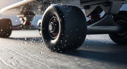 Close-Up of Skateboard Wheel with Water Splash on Wooden Surface