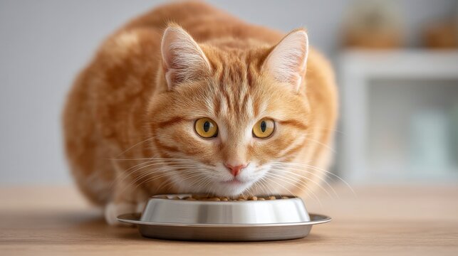 Orange tabby cat sitting in front of food bowl looking curiously at the camera with bright eyes in a cozy indoor setting