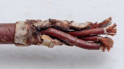 Close-Up of Damaged Electrical Cable with Exposed Copper Wires and Frayed Insulation, Highlighting Deterioration and Wear from Environmental Factors