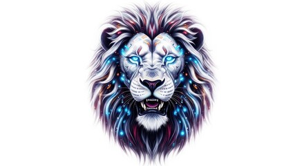 Fototapeta premium Majestic ethereal lion head portrait with glowing details and intricate design elements radiating