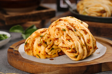 Handmade Spicy Meat Steamed Buns Rolls on Wooden Board Traditional Breakfast Food