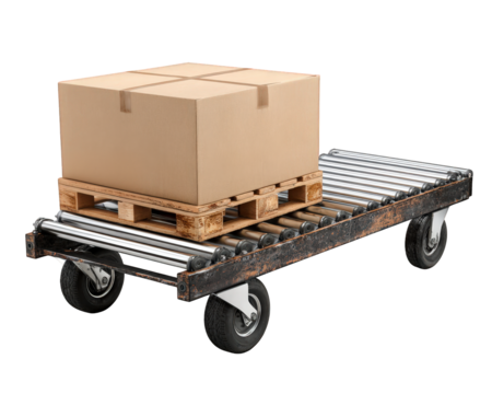 Cardboard box on wooden pallet sits ready on roller conveyor cart. Industrial logistics equipment for warehouse shipping, delivery, and distribution of cargo
