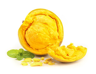 Fresh Yellow Jackfruit Cut Open Showing Creamy Flesh with Mint Leaves on White Background