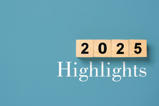 2025 Highlights inscription on grey background. Major events, overview, looking back at 2025 year concept.