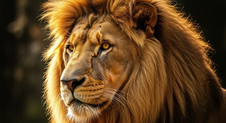 Fototapeta premium Majestic Lion Portrait: A Close-Up on the King of Beasts in Golden Light