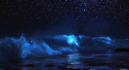 Mystic Ocean Night: Illuminated Waves and Bioluminescent Seascape Under a Starry Sky