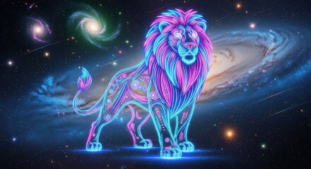 Celestial feline guardian: A vibrant neon lion presiding over a cosmic realm of stars and galaxies