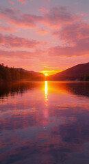 Lake Sunset Reflection: Peaceful Landscape with Colorful Sky and Tranquil Scenery at Golden Hour