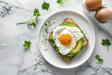 Delicious breakfast toast with avocado and fried egg on a white plate with parsley and eggs on a marble background