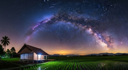 Milky Way Galaxy over Rural House and Rice Paddy.