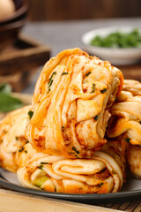 Spicy Korean Kimchi Pancake Rolls with Scallions - Traditional Handmade Asian Appetizer