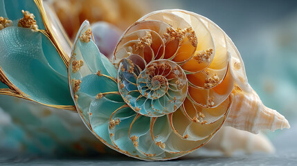 Glowing fractal spiral seashell patterns with soft pastel light in an abstract design