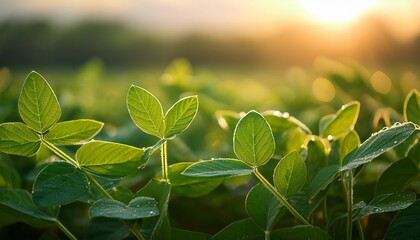 Nature Background Green Leaves Background Close Up Of Lush Green Soybean Leaves Covered In Morning Dew Glistening Under The Soft Light Of Dawn