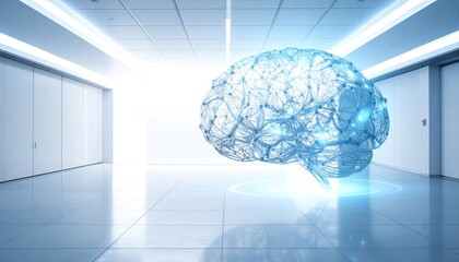 Futuristic 3D Digital Brain Illustration in Modern Interior Space