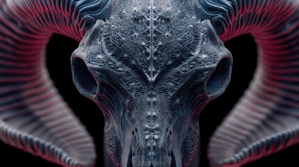 Surreal biomechanical shrine with metallic bones and glowing neon veins in cyberpunk style