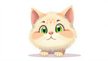 Cute Cartoon Cat Illustration: Adorable Fluffy Pet with Green Eyes and Sweet Expression