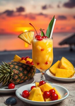 Refreshing pia colada with pineapple and cherries on a beach at sunset drink, umbrella, cocktail, summer 