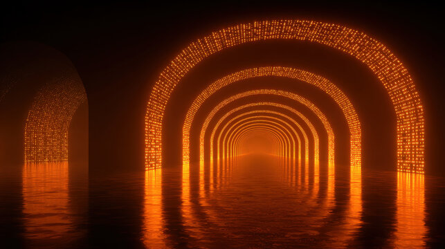 Surreal neon fractal tunnel glowing with binary code in abstract perspective - Powered by Adobe