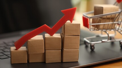 Shopping cart surrounded by piles of boxes representing e-commerce growth and increasing online sales potential