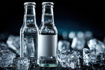 Glass soda bottle with blank label on ice cubes covered in water droplets