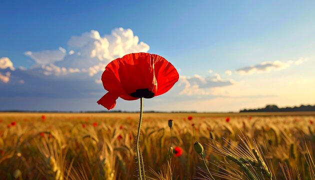 A vibrant red poppy stands tall amidst a golden wheat field under a partly cloudy sky. - Powered by Adobe