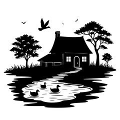 house on the water, house, home, vector, illustration, building, landscape, winter, cartoon, tree, estate, nature, cottage, village, architecture, snow, drawing, roof, summer, real, property, night, i