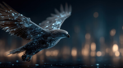 Holographic eagle soaring above glowing digital landscape with cinematic lighting
