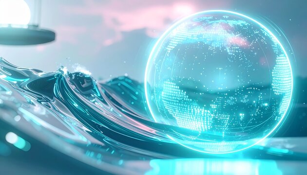 Futuristic Ocean Scene with Digital Globe and Neon Waves