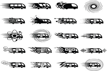 Food truck icons, fast delivery vehicles, motion design, vector illustration, culinary mobile units, urban food service, street food concept, modern transportation symbols