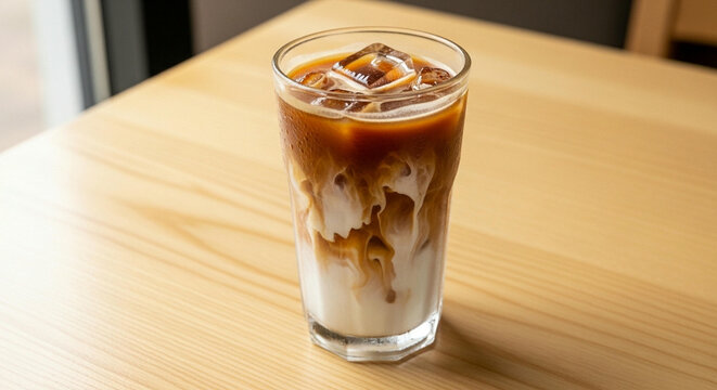 Refreshing iced latte coffee with milk served in tall glass on wooden table 
