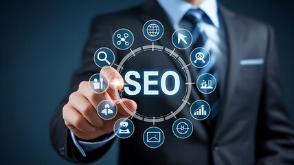 Businessman touching SEO digital interface with icons in a circle search engine optimization
