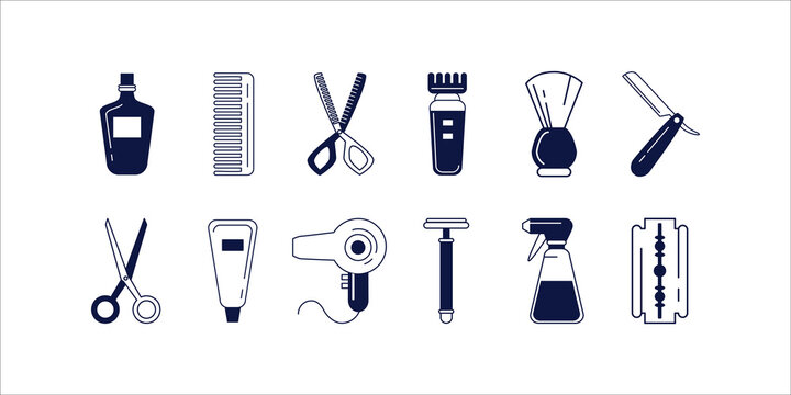 Comprehensive collection of barber shop accessories, tools, and cosmetics icons perfect for grooming, hairdressing, salon services, and personal care-related vector design projects