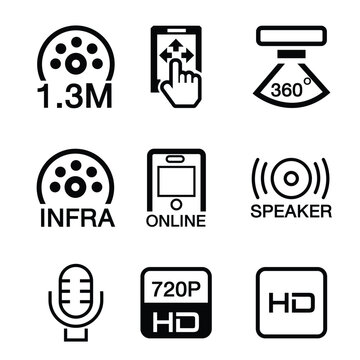 icons set. Vector closed-circuit television camera creative signs or logo elements