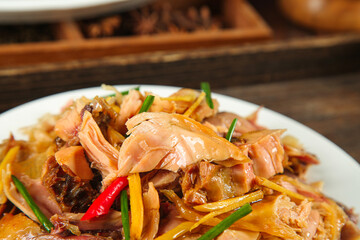 Hand-Torn Air-Dried Chicken Specialty Dish Ready to Eat with Vegetables and Peppers