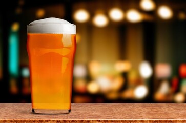 Cold mug of tasty fresh beer in a bar