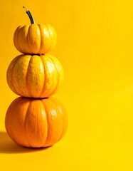 Three pumpkins stacked vertically against a bright yellow background